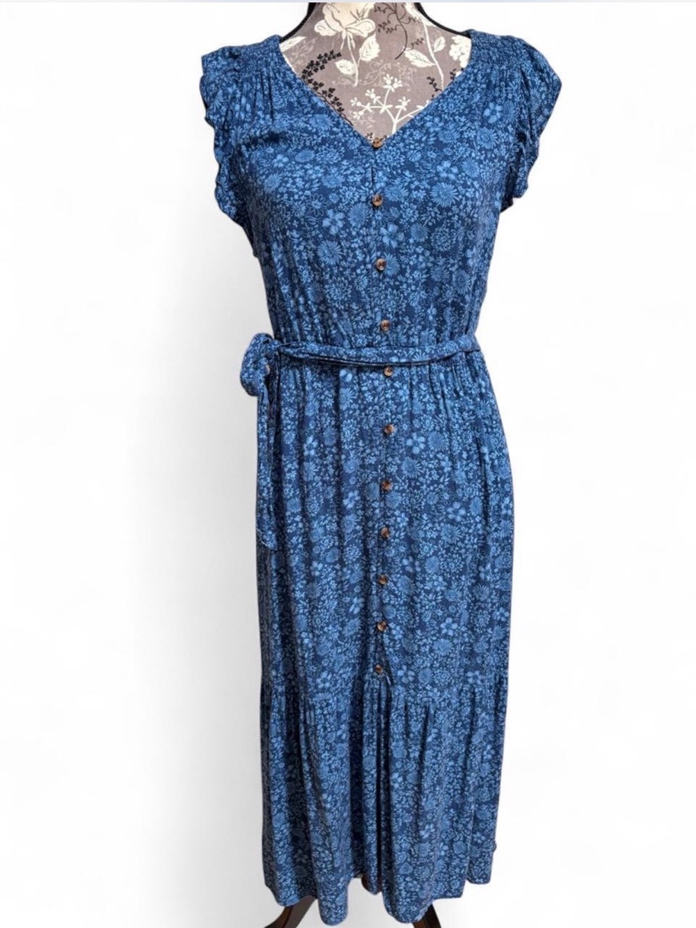 Sonoma Blue Floral Tiered Button Front Tie Waist Ruffle Sleeve Dress size Medium